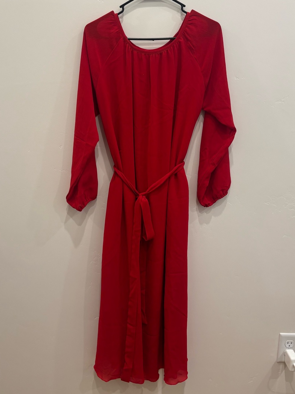 Women’s Red Long-Sleeve Belted Midi Dress